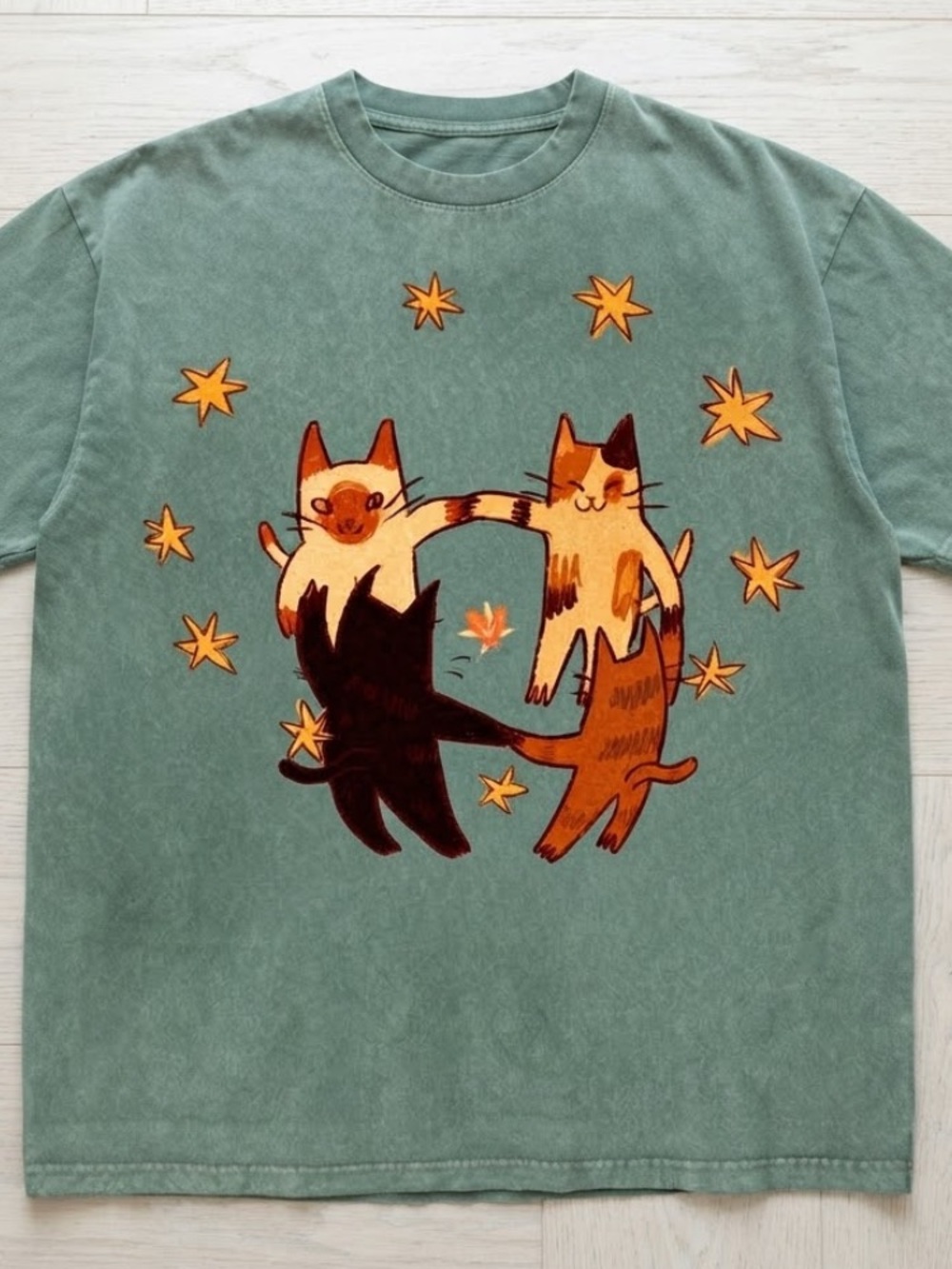 Comfort Colors Cats Circle Dance Stars Autumn Leaves Vintage Green T-Shirt
